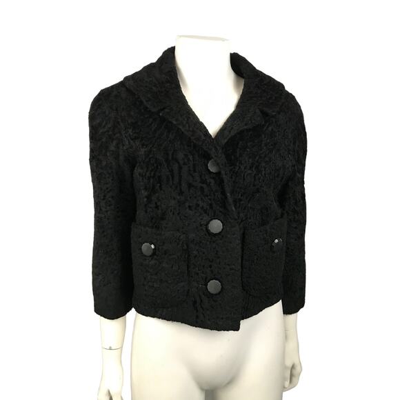 Vintage 1950s Black Fur Crop Coat Three Quarter Sleeves / Women’s XS - Picture 6 of 7